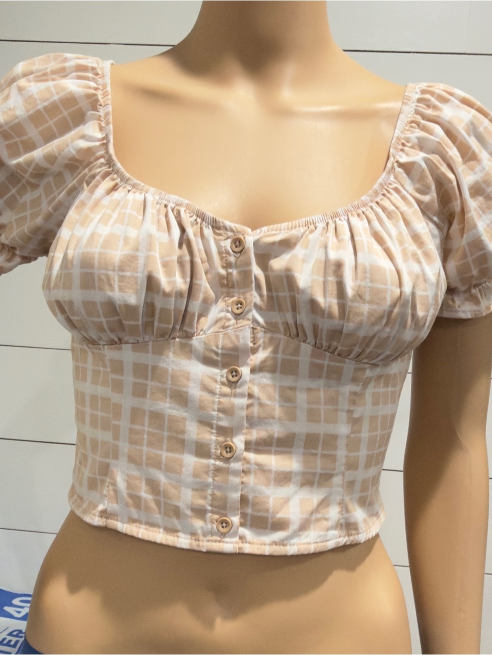 Forever 21 Beige Plaid Puff-Sleeve Button-Front Crop Top Sz S